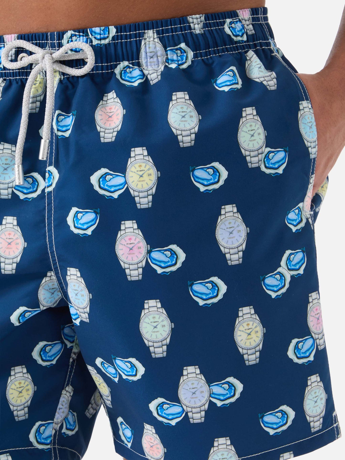 Gustavia swim shorts with oysters and watches print