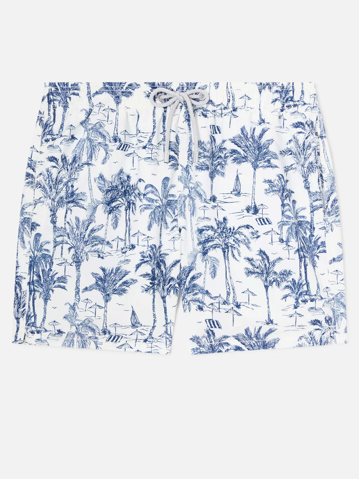 Mid-length Gustavia swim-shorts with toile de jouy print