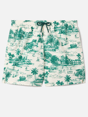 Costume mare Gustavia con stampa toile de jouy verde