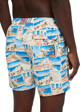 Mid-length Gustavia swim-shorts with Mykonos postcard print | AI CO-CREATED DESIGN BY RICKDICK - POWERED BY RED-EYE - MC2 Saint Barth