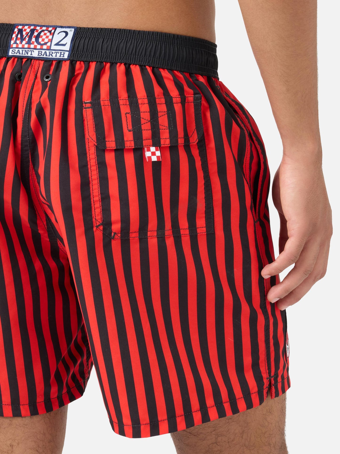 Gustavia red striped swim shorts with AC MILAN patch and Rossoneri embroidery | AC MILAN SPECIAL EDITION