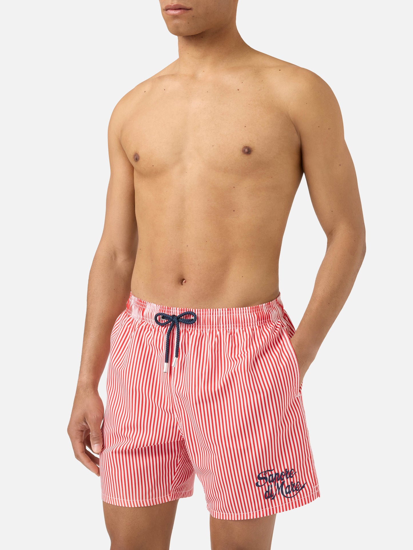 Short de bain rayé rouge Gustavia avec broderie Sapore di Mare | Édition spéciale 