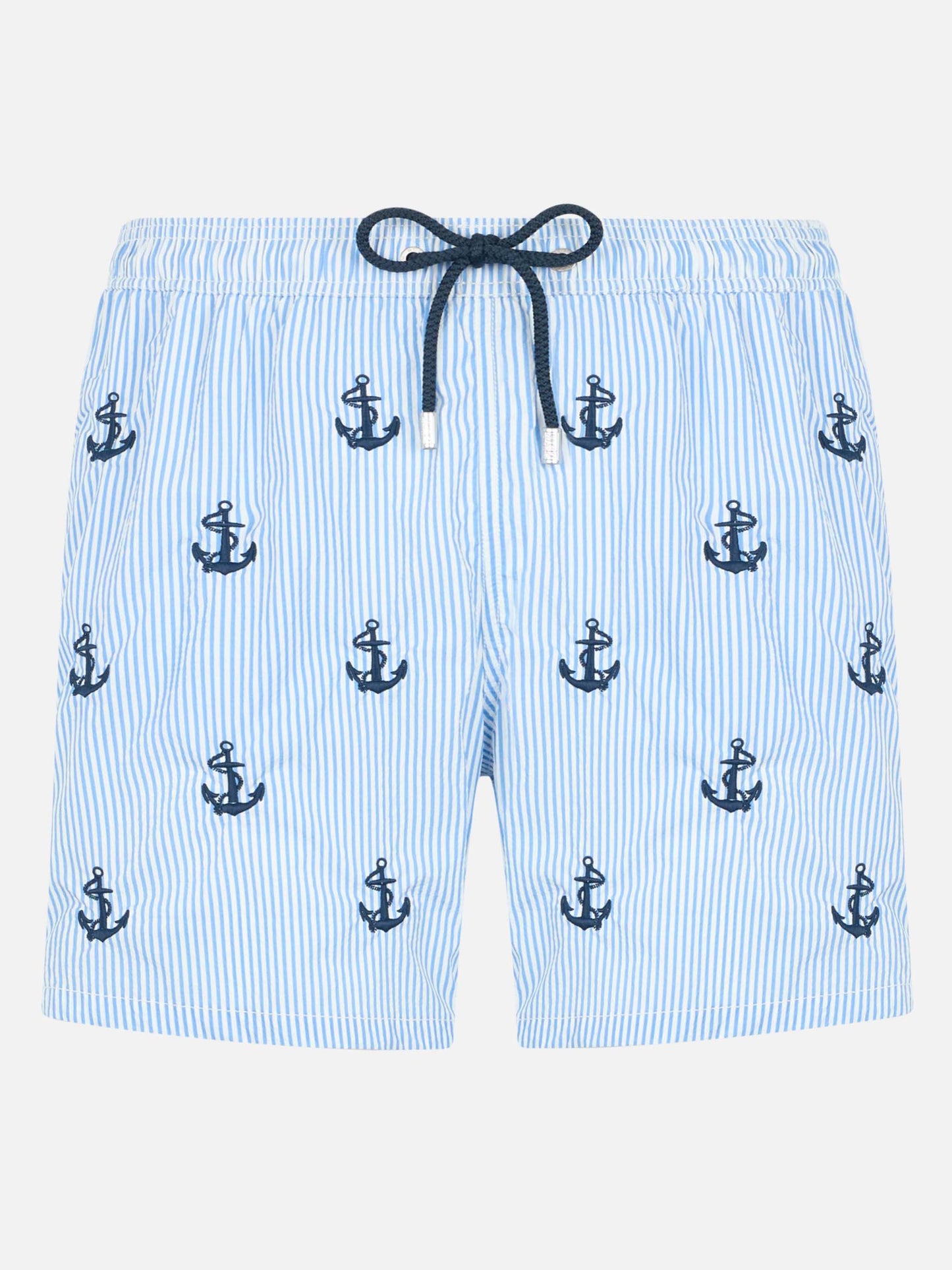 Gustavia seersucker blue and white striped swim shorts with anchor embroidery