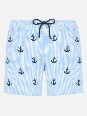 Gustavia seersucker blue and white striped swim shorts with anchor embroidery