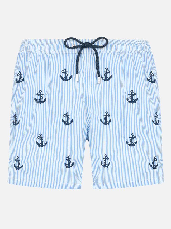 Gustavia seersucker blue and white striped swim shorts with anchor embroidery
