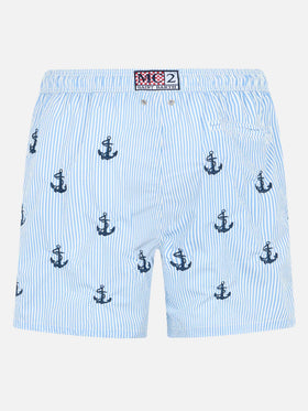 Gustavia seersucker blue and white striped swim shorts with anchor embroidery