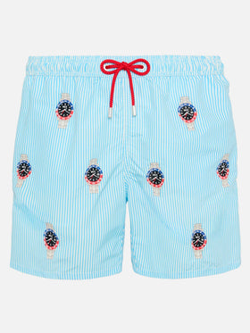 Mittellange gestreifte Badeshorts Gustavia mit Uhrenstickerei