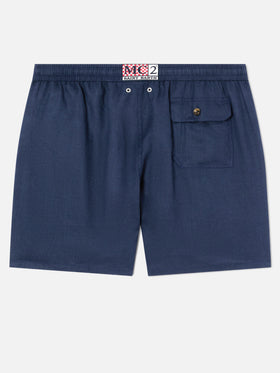 Short de bain en lin uni bleu Gustavia 