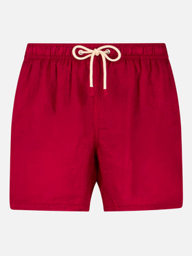 Badeshorts aus bordeauxrotem Leinen für Herren