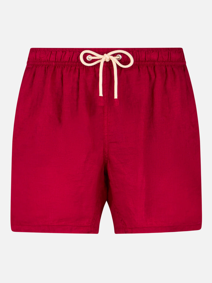 Gustavia burgundy plain-color linen swim shorts