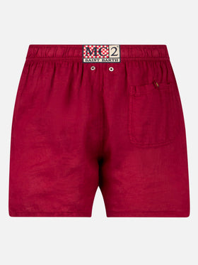 Badeshorts aus bordeauxrotem Leinen für Herren