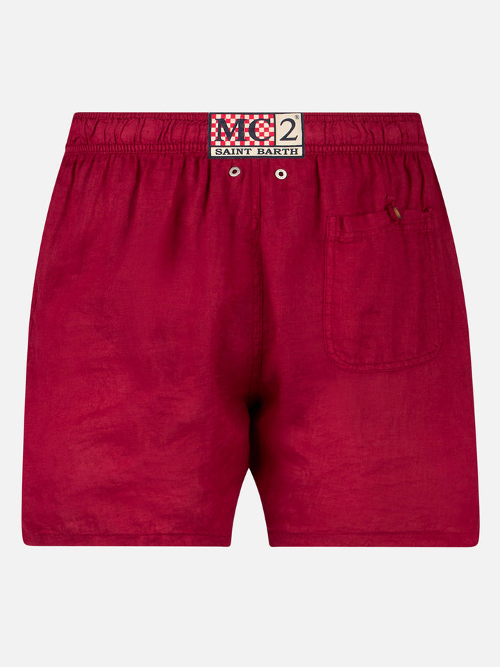 Gustavia burgundy plain-color linen swim shorts