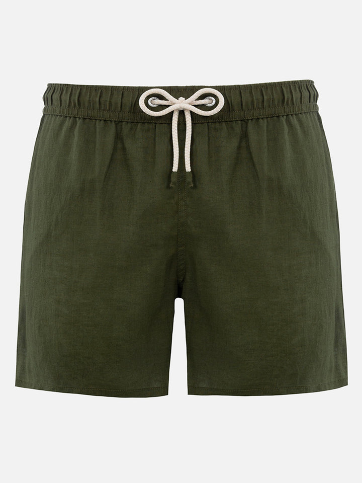 Gustavia military green plain-color linen swim shorts
