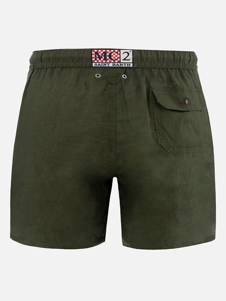 Gustavia military green plain-color linen swim shorts