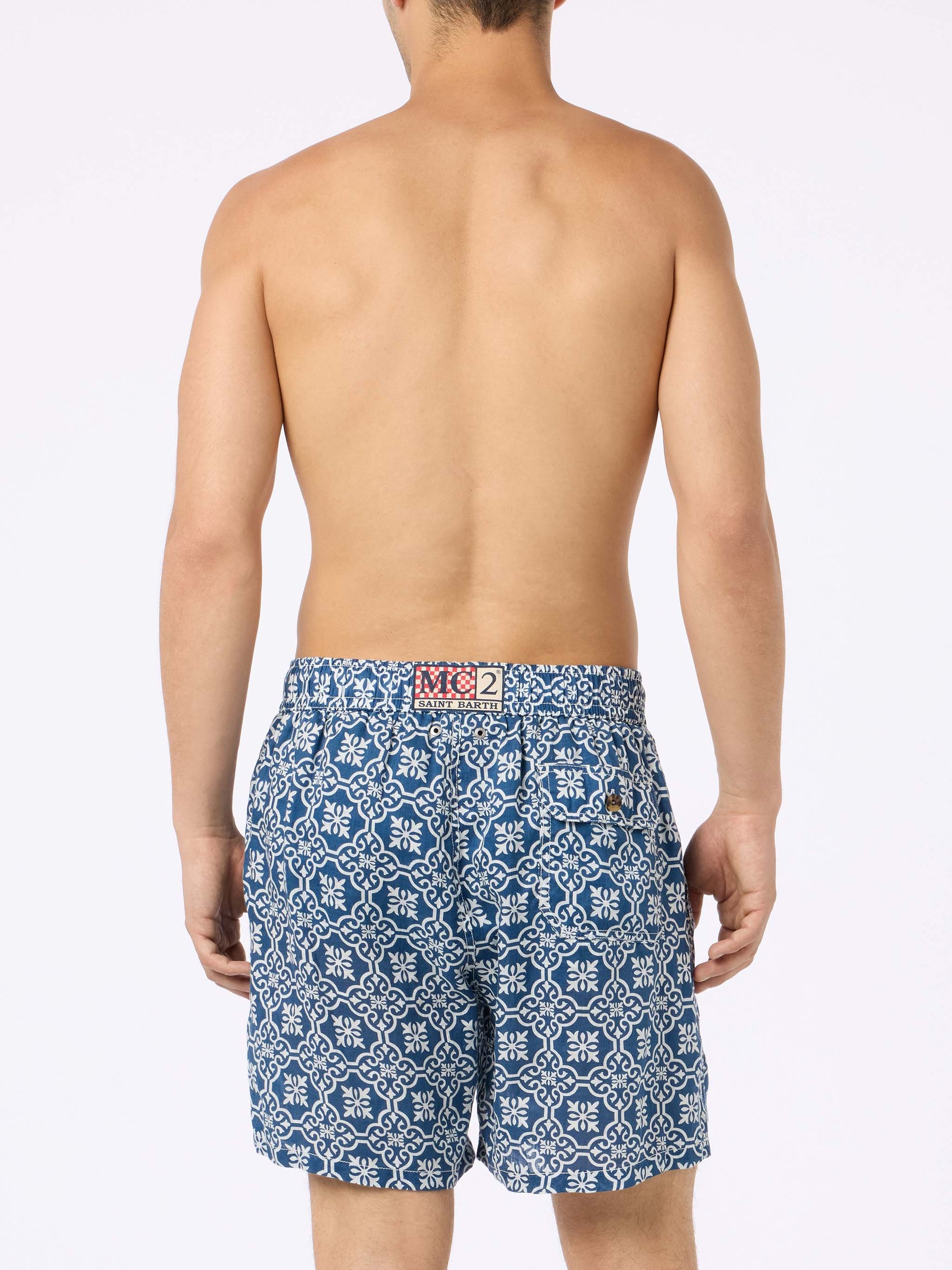 Man mid-length linen swim-shorts Gustavia with majolica print - MC2 Saint Barth