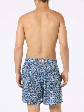 Man mid-length linen swim-shorts Gustavia with majolica print - MC2 Saint Barth