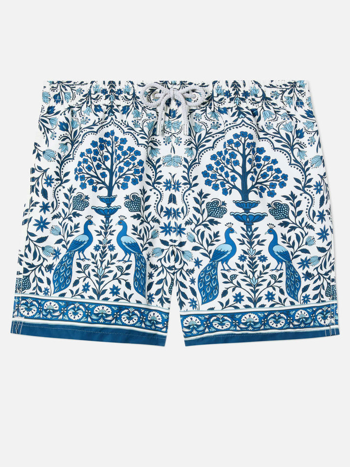 Gustavia white swim shorts with contrasting peacock print