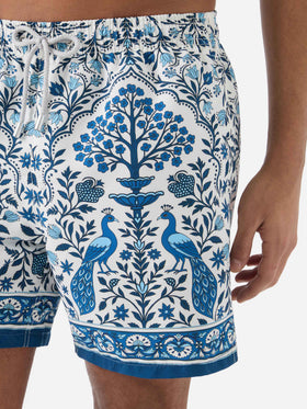 Bañador corto blanco Gustavia con estampado de pavo real en contraste 