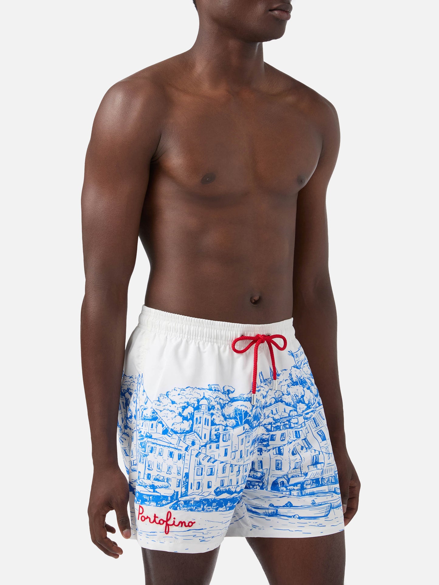 Mittellange Gustavia-Badeshorts für Herren mit platziertem Portofino-Aufdruck