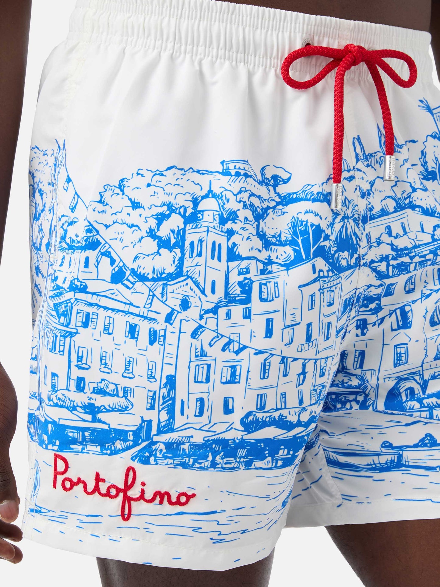 Mittellange Gustavia-Badeshorts für Herren mit platziertem Portofino-Aufdruck