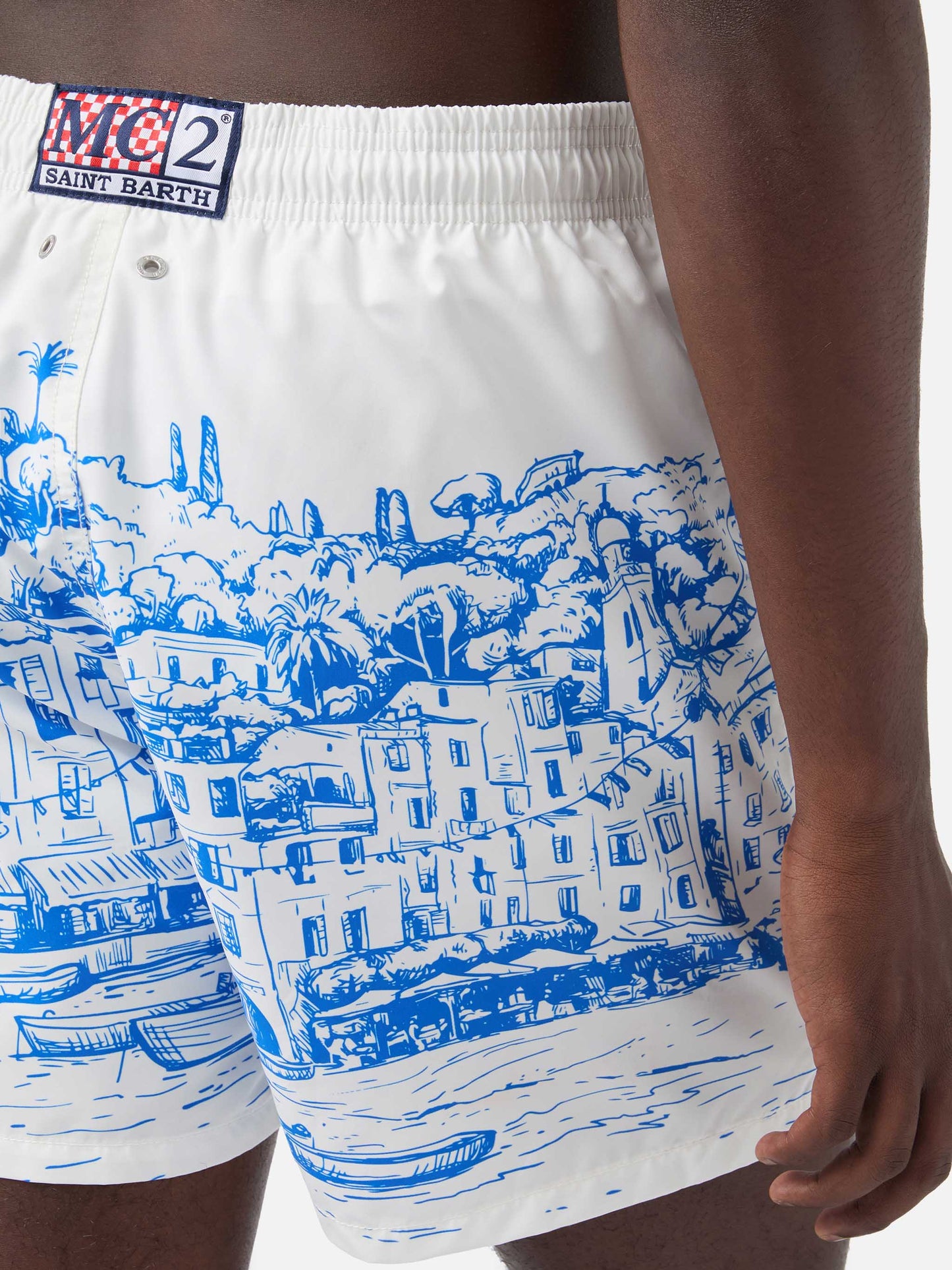Mittellange Gustavia-Badeshorts für Herren mit platziertem Portofino-Aufdruck