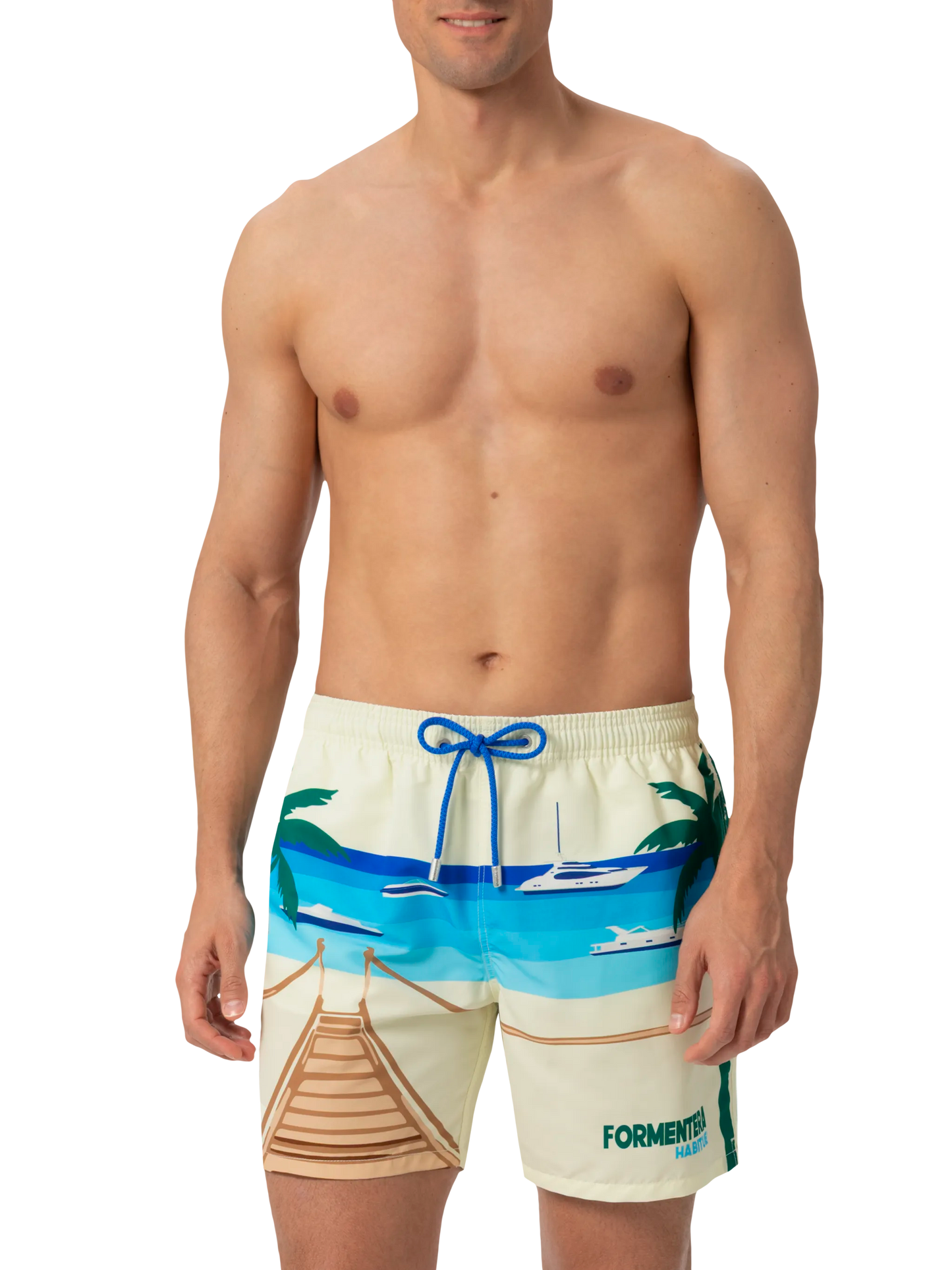 Mid-length Gustavia swim-shorts with Formentera postcard placed print - MC2 Saint Barth