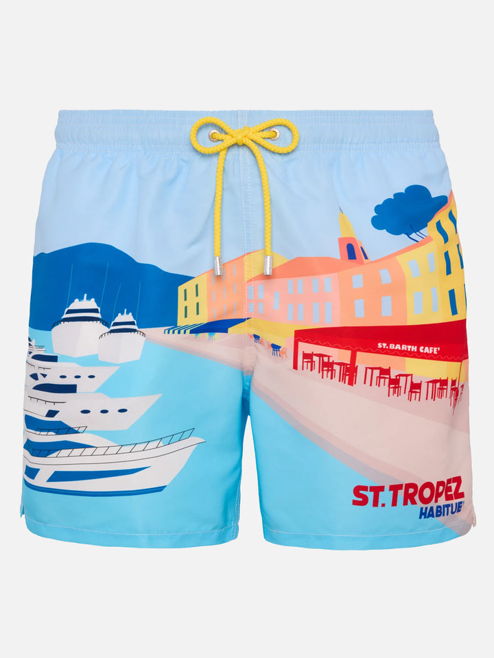 Mid-length Gustavia swim-shorts with St. Tropez postcard placed print