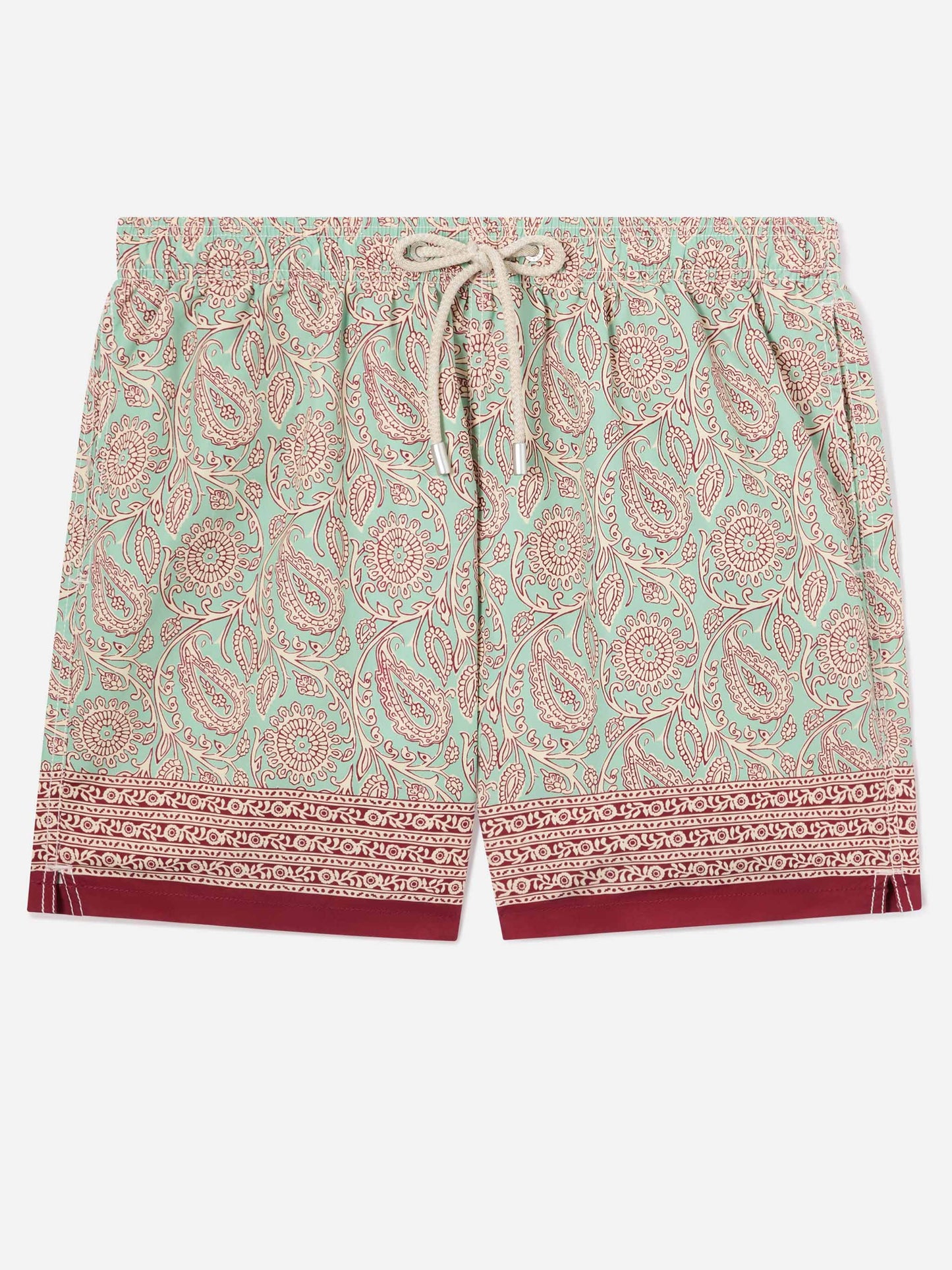 Gustavia aqua green swim shorts with contrasting paisley print