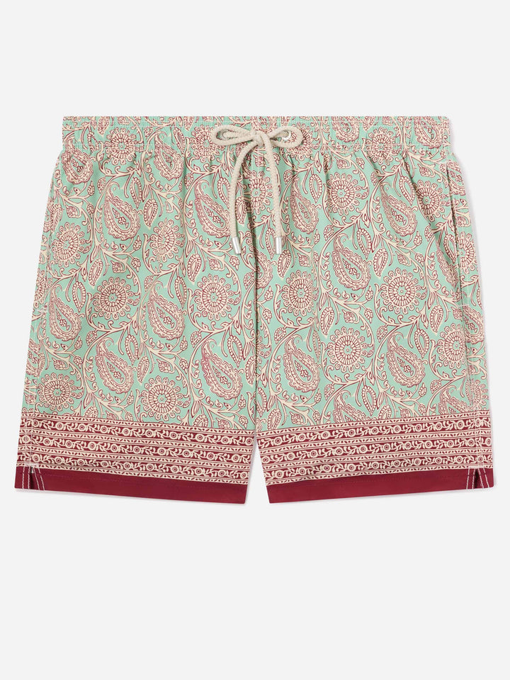 Gustavia aqua green swim shorts with contrasting paisley print
