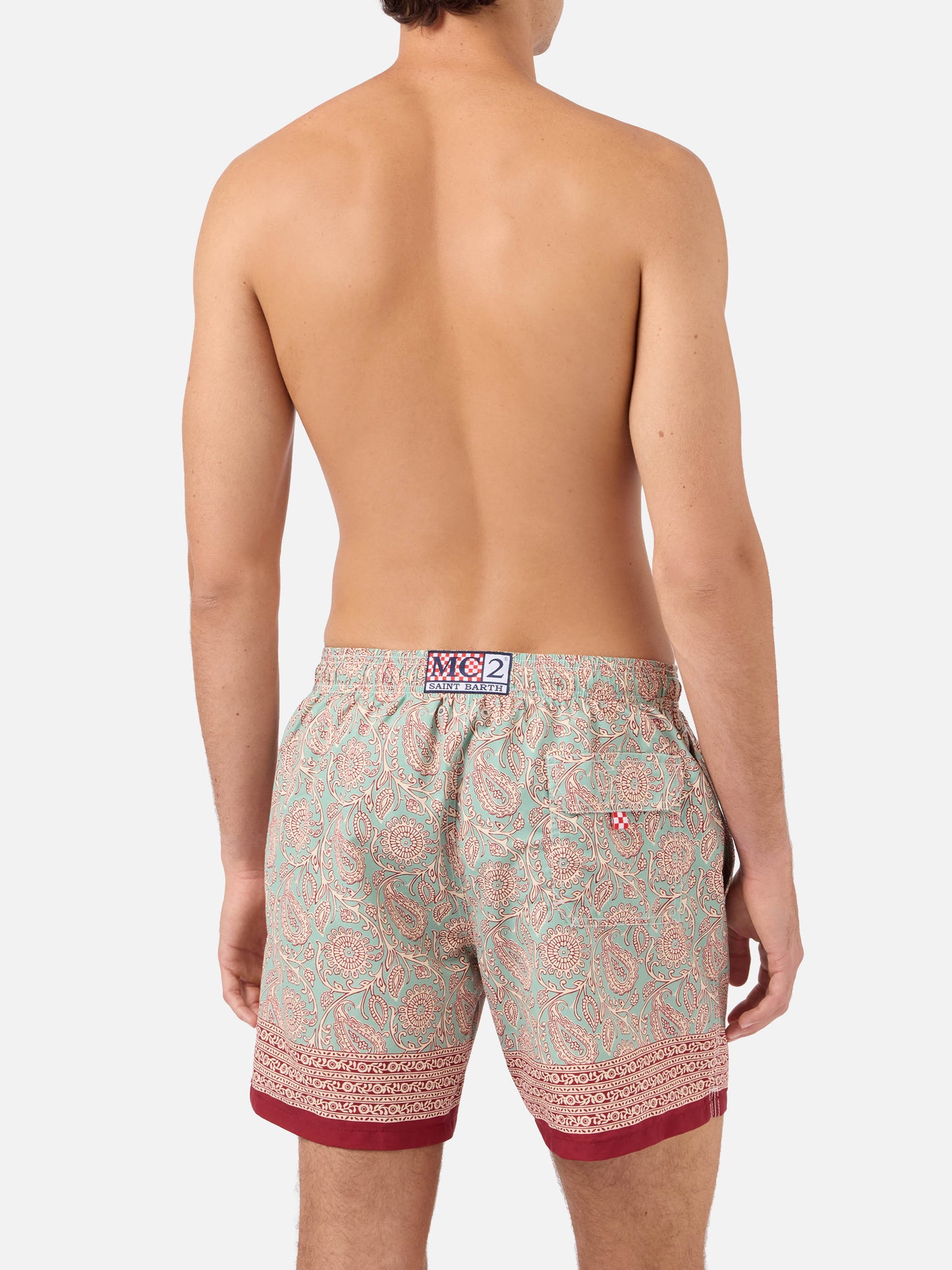 Gustavia aqua green swim shorts with contrasting paisley print