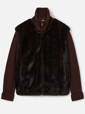 Chaqueta de pelo sintético marrón gris con mangas de punto de canalé 