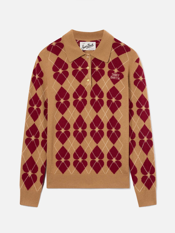 Punto Hadidy de mezcla de lana y cachemira con cuello polo, motivo argyle y corazones 