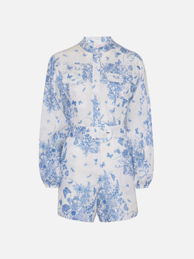 Hanniel tuta corta in lino con stampa butterfly toile de jouy