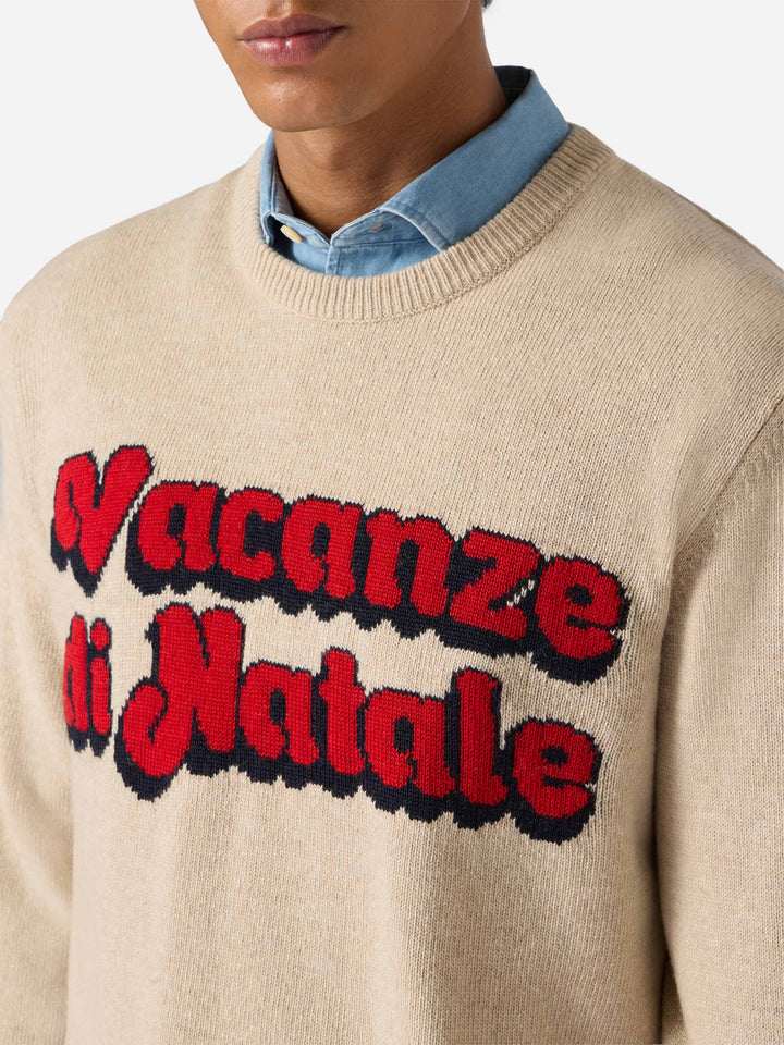 Beige crewneck Heron with Vacanze di Natale jacquard | VACANZE DI NATALE SPECIAL EDITION