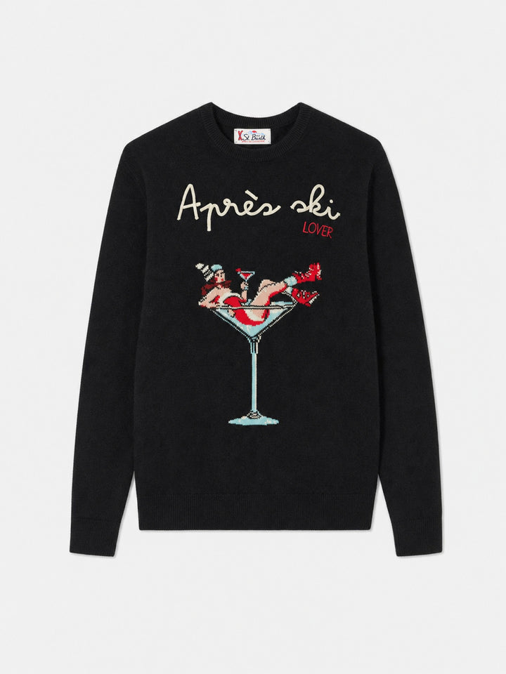 Black Heron crewneck sweater with Après ski embroidery and girl in glass jacquard