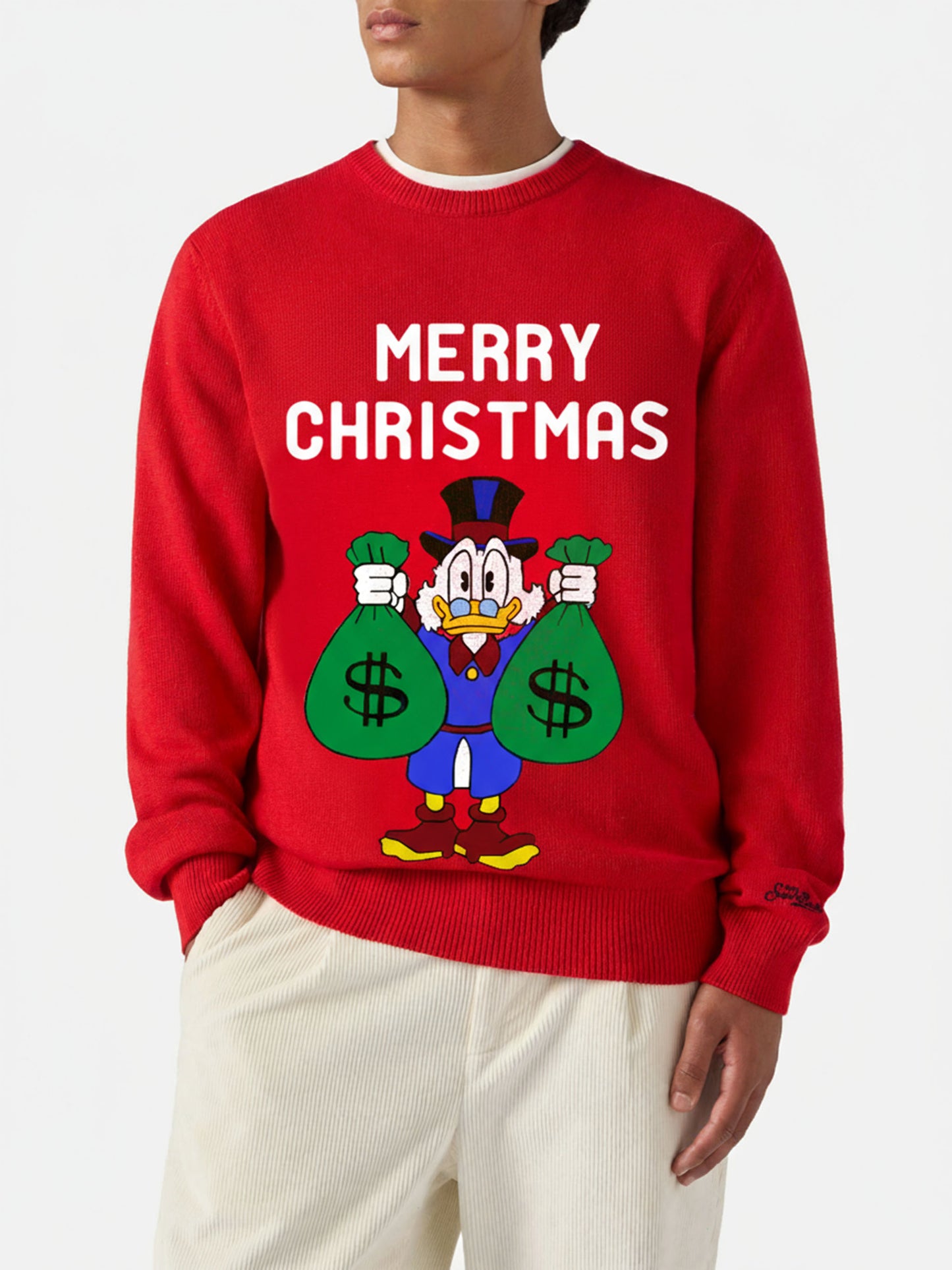 Roter Heron-Pullover mit Uncle Scrooge Merry Christmas-Jacquard | DISNEY SPECIAL EDITION 