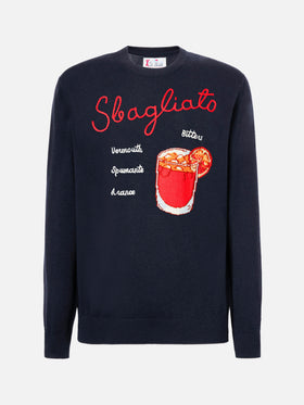 Blauer Pullover mit Reihermotiv und Sbagliato-Stickerei