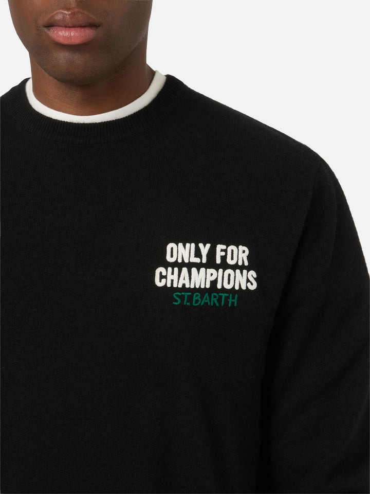 Maglia girocollo Heron nera con intarsio e ricamo Only For Champions sul retro
