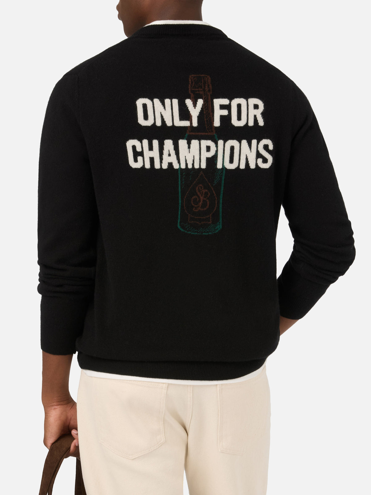 Black Heron crewneck knit with back Only For Champions intarsia and embroidery