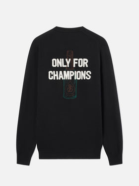 Schwarzer Rundhalspullover mit „Only For Champions“-Intarsie und Stickerei auf der Rückseite 