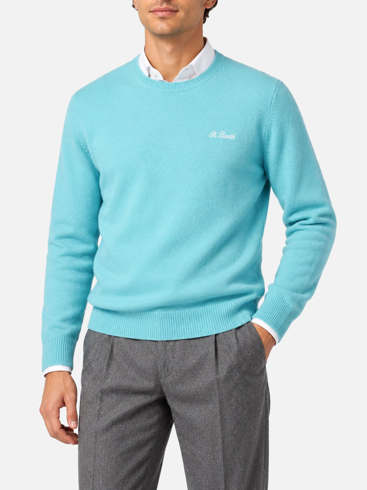 Maglia girocollo Heron verde acqua in lana d’agnello con ricamo logo