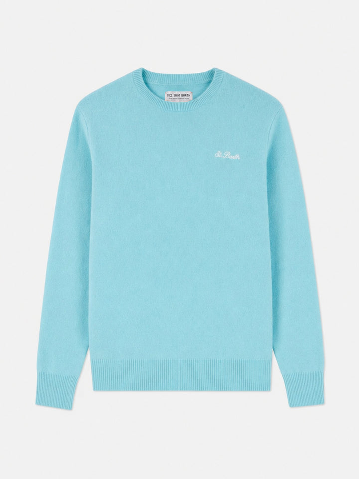 Maglia girocollo Heron verde acqua in lana d’agnello con ricamo logo