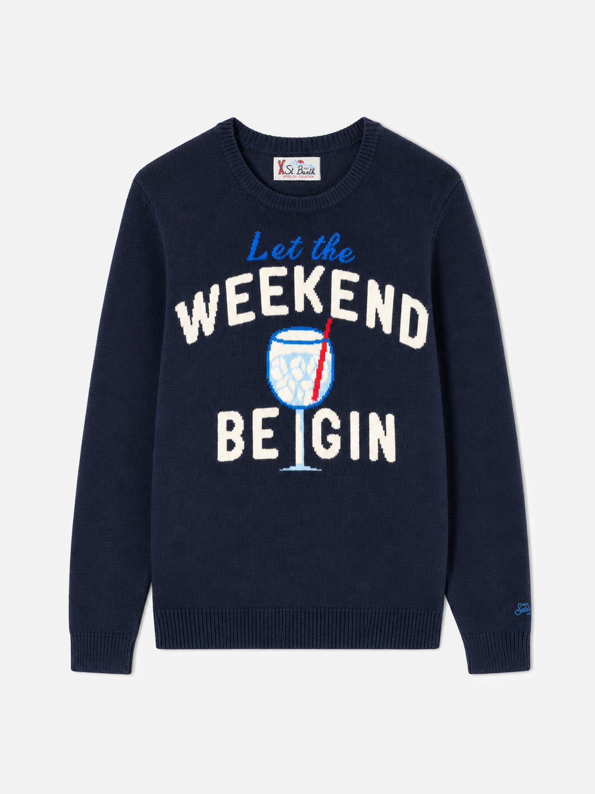 Navy blue Heron crewneck sweater with Weekend Be Gin jacquard