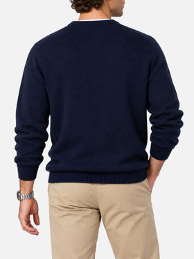 Navy blue Heron crewneck sweater with Weekend Be Gin jacquard