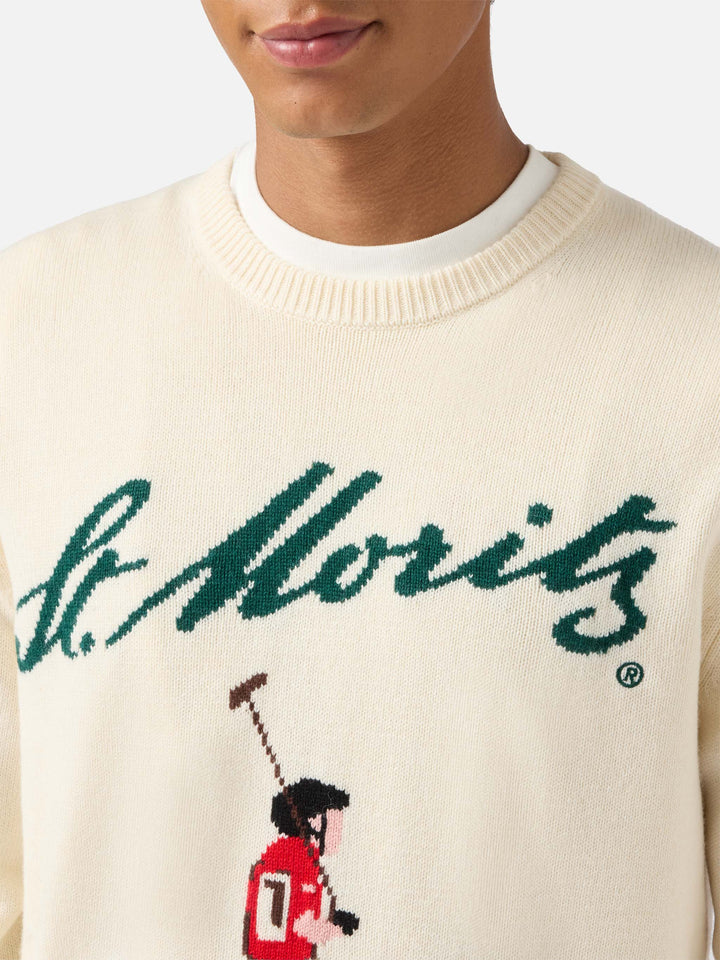 Heron crewneck in white with St. Moritz Polo jacquard