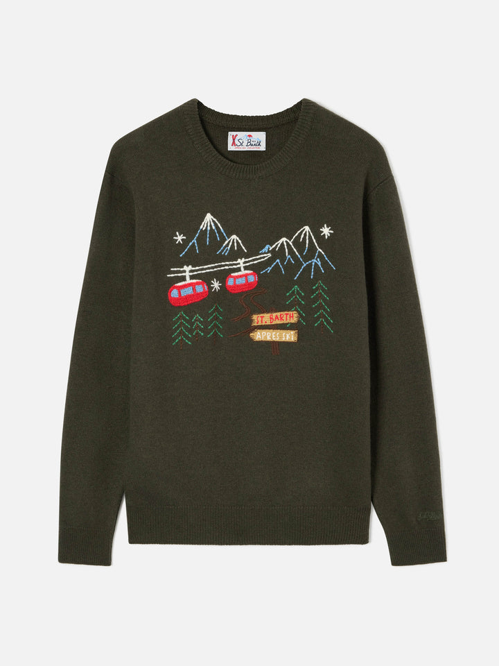 Crewneck-Strickpullover Heron in Militärgrün mit Bergstickerei 
