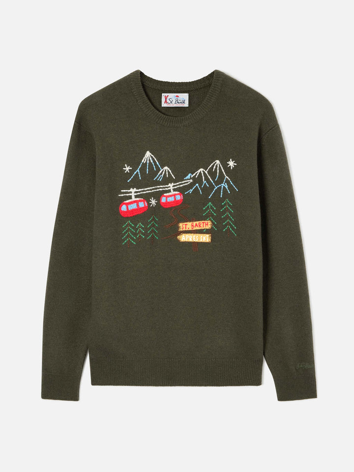 Pull col rond Heron vert militaire avec broderie montagne 