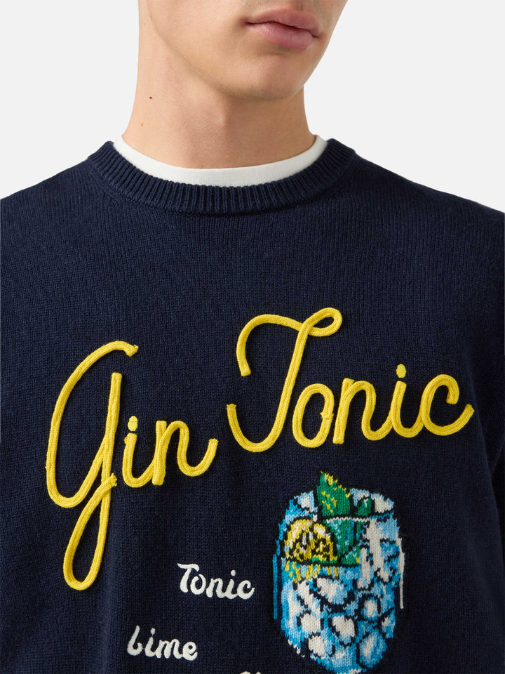 Blue sweater Heron with Gin Tonic embroidery