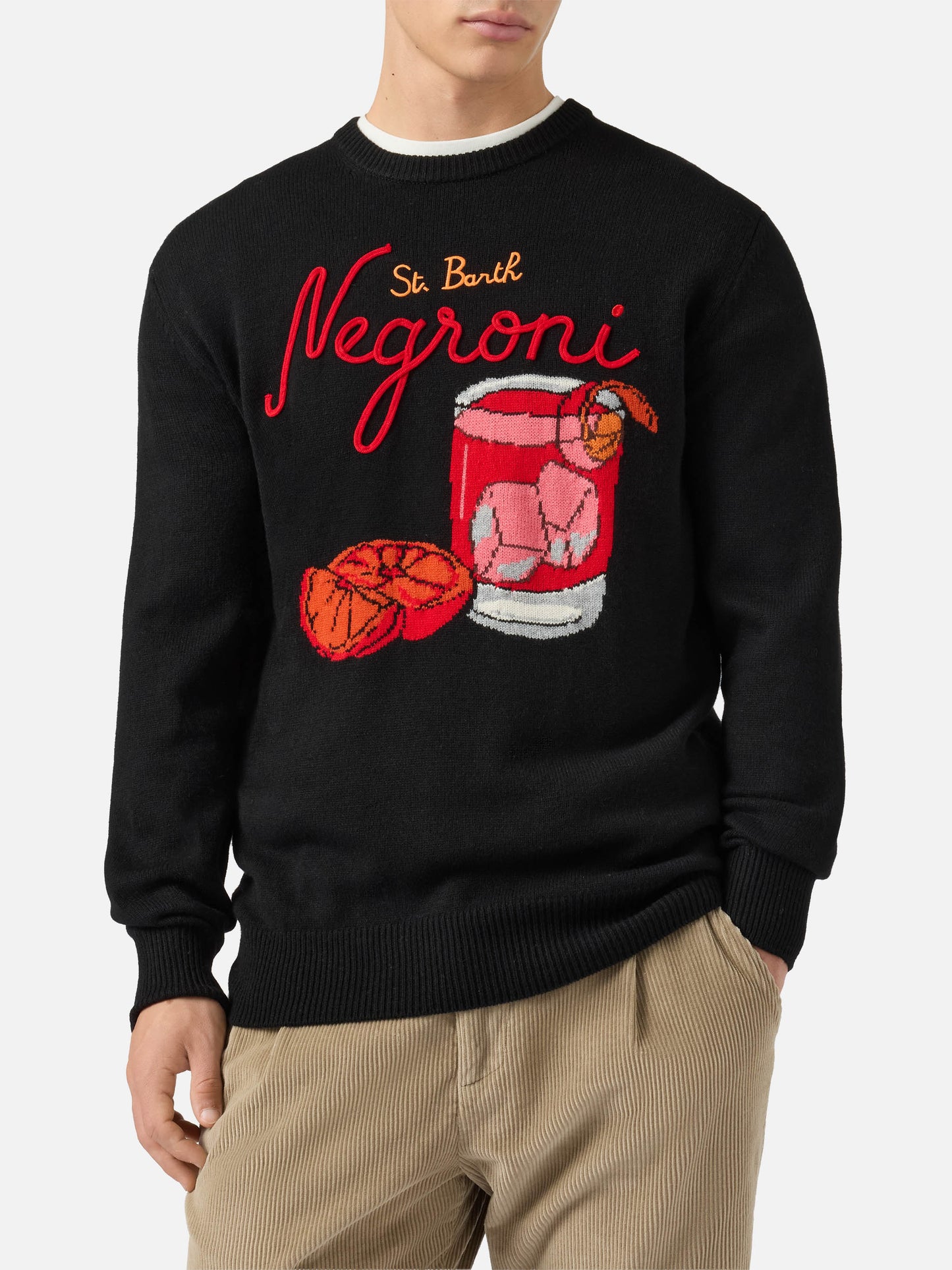 Schwarzer Pullover mit Reihermotiv und St. Barth Negroni-Stickerei