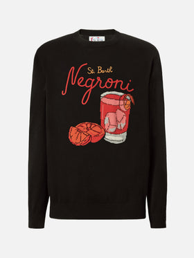 Schwarzer Pullover mit Reihermotiv und St. Barth Negroni-Stickerei